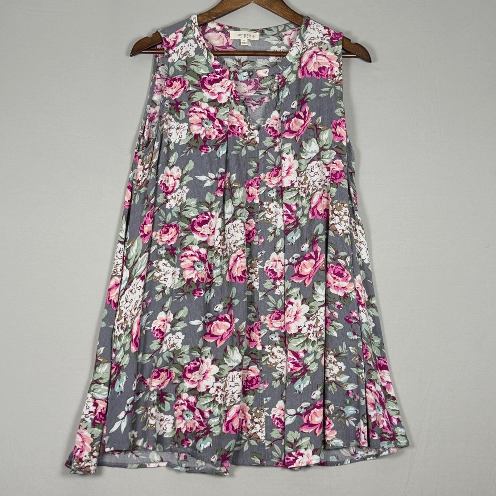 Umgee Floral Tunic Women XL Grey Pink Rose Sleeveless Excellent Pleated Back